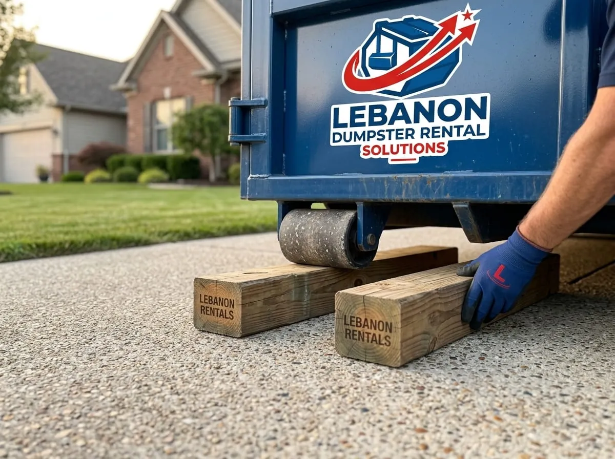 Same-day dumpster delivery in Lebanon, TN Lebanon Dumpster Rental Solutions truck delivering a roll-off dumpster to a Lebanon TN driveway